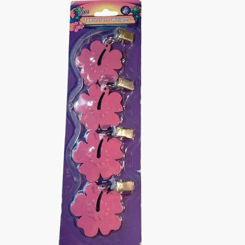 Luau Tablecloth Weights Hibiscus Flower Design 4 Pack Pink Metal Clip